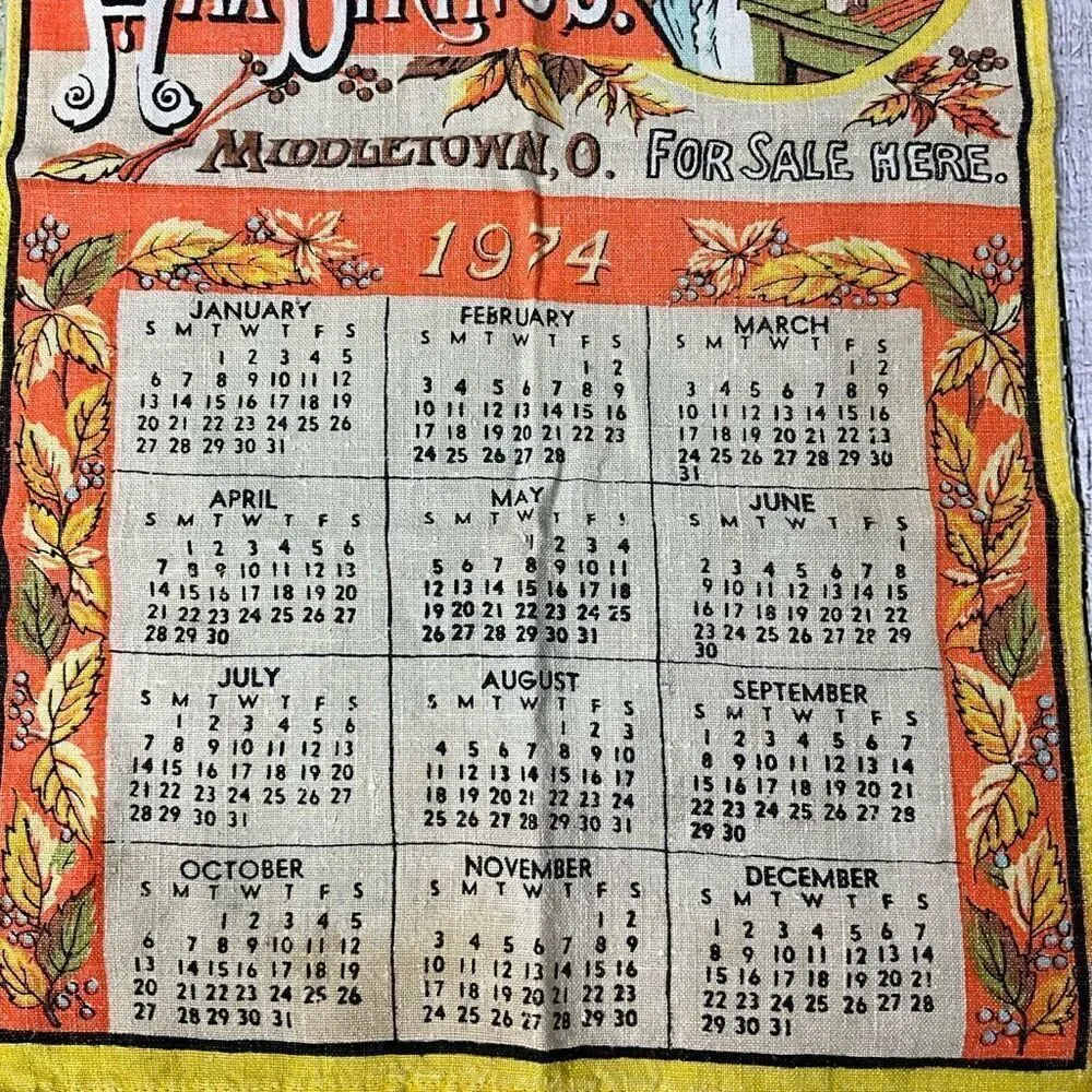 VINTAGE 1974 Calendar Linen Tea Towel